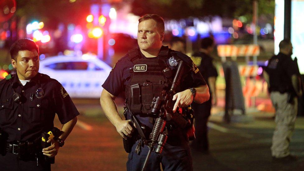 Armed police officers on a street in Dallas, Texas - July 2016