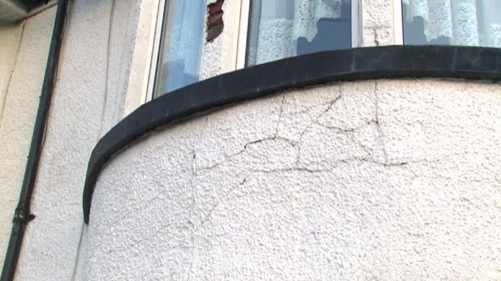 Crack in the outside wall of Kenneth Bowen's house in Hawthorn, Pontypridd