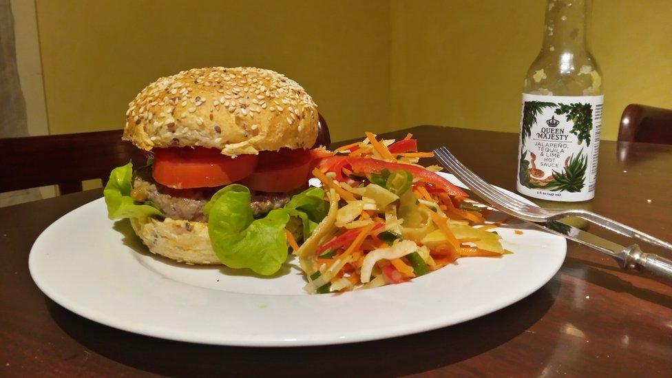 Ganesh's choice of a homemade burger for dinner.