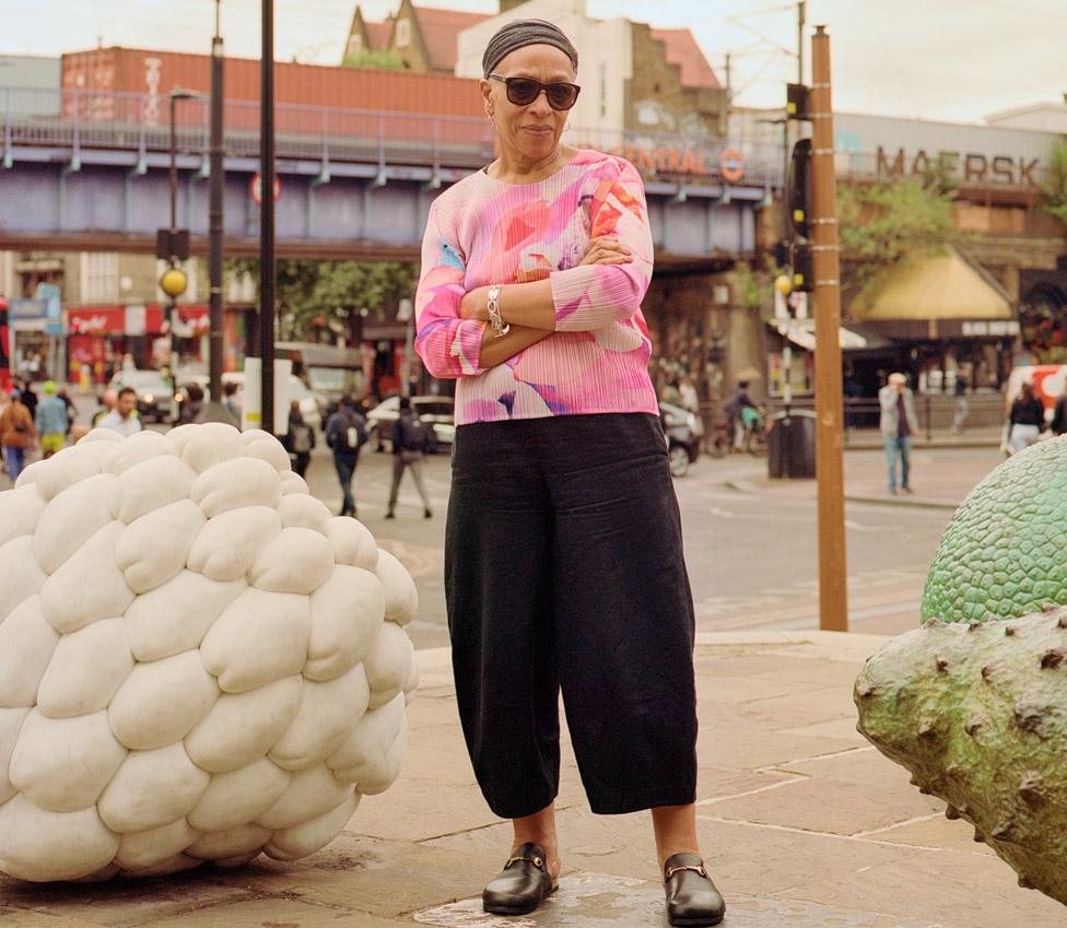 Veronica Ryan with her Windrush sculptures in Hackney