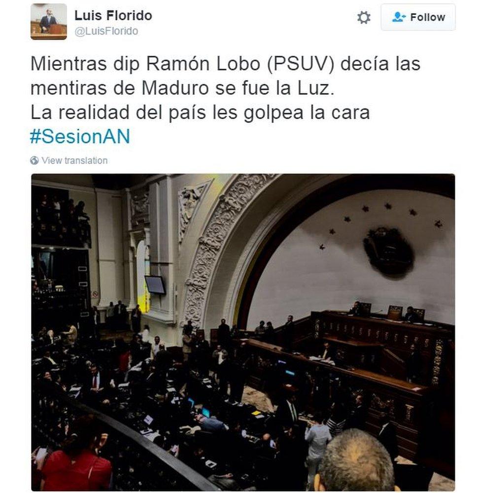 Tweet from Venezuelan MP Luis Florido in Spanish reads: "As MP Ramon Lobo was saying Maduro's lies, the energy went off. The country's reality has hit them in the face."