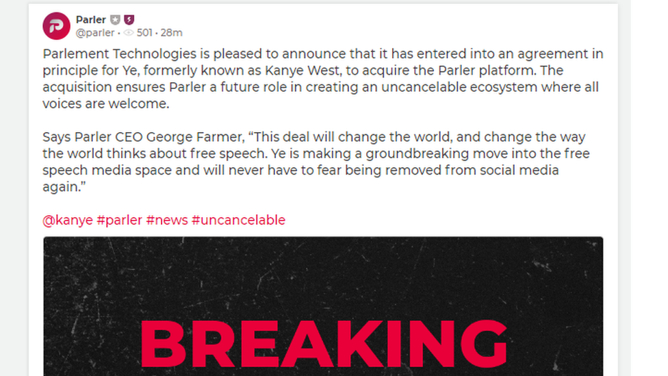 A screenshot of how Parler's CEO announced the agreement on Parler