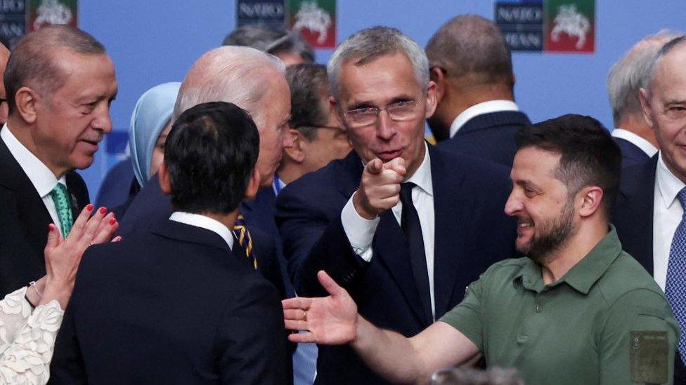 Turkish President Tayyip Erdogan, U.S. President Joe Biden, NATO Secretary-General Jens Stoltenberg and Ukraine's President Volodymyr Zelenskiy attend a NATO leaders summit in Vilnius, Lithuania, July 12, 2023.