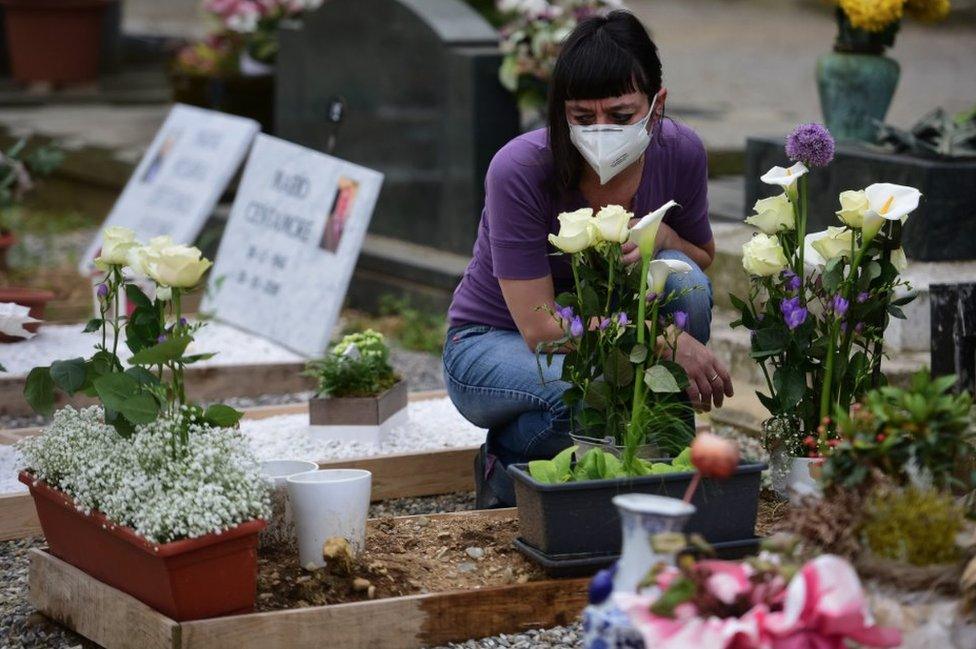 Mourner in Monumental Cemetery in Bergamo, 19 May 20