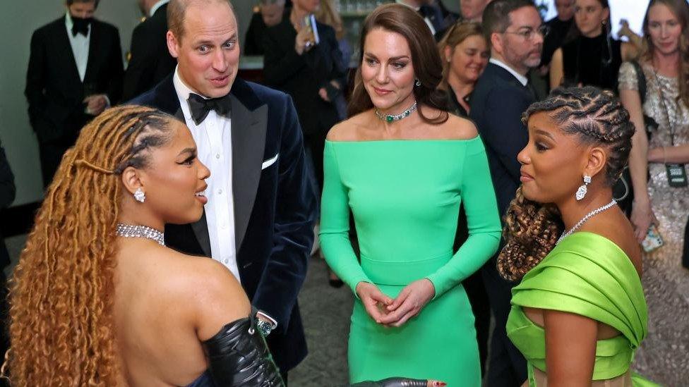 Prince and Princess of Wales talk with singers Chloe Bailey (L) and Halle Bailey (R) at the Earthshot Prize Awards ceremony at the MGM Music Hall, in Boston