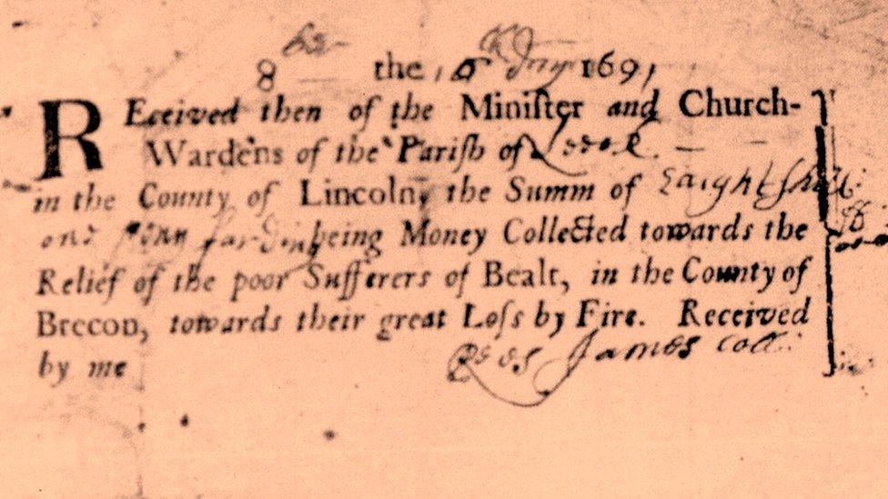 This receipt from January 1691 records some of the fundraising to rebuild Builth