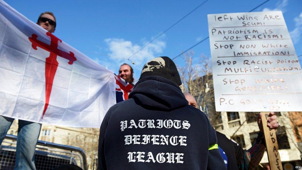 The United Patriots Front and Reclaim Australia groups face off with anti-racism protestors at Parliament House in Melbourne, Australia, on Saturday