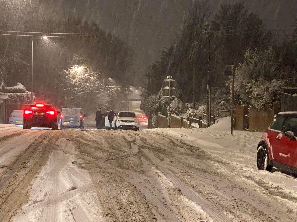 Wratting Road Haverhill where cars had to be abandoned after struggling to get up the hill in the snow