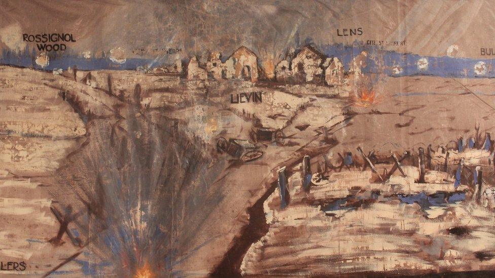 An explosion and trenches depicted on the canvas