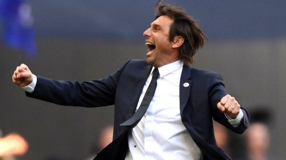 Antonio Conte, Manager of Chelsea celebrates his sides victory following The Emirates FA Cup Final between Chelsea and Manchester United at Wembley Stadium on May 19, 2018 in London, England