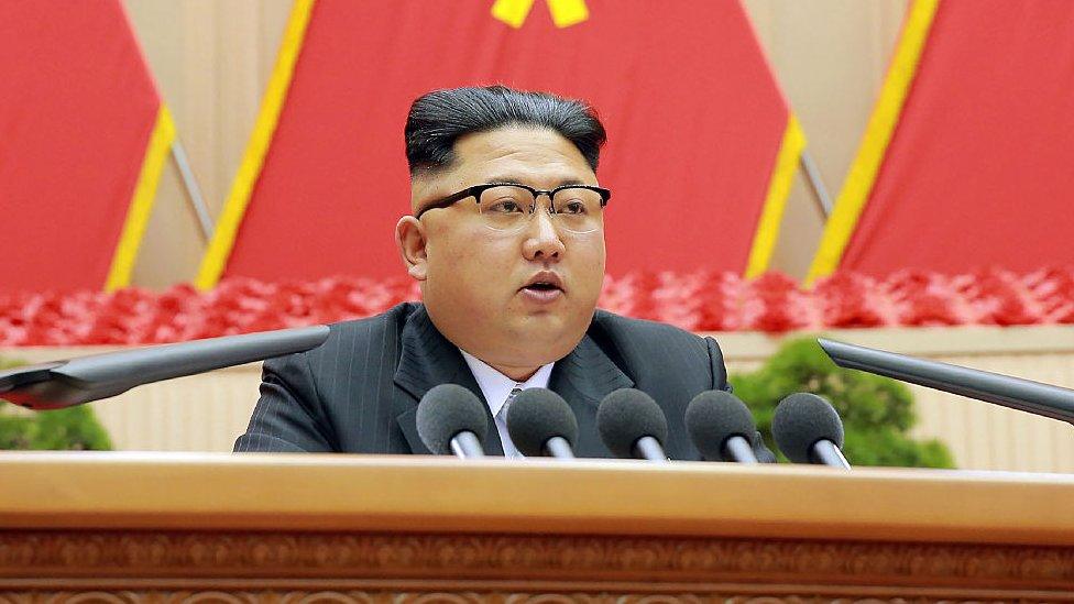 North Korean leader Kim Jong-Un (C) delivering a speech at the First Conference of Chairpersons of the Primary Committees of the Workers' Party of Korea (WPK)