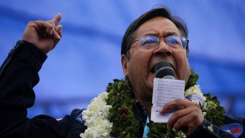 Presidential candidate Luis Arce of the Movement to Socialism party (MAS) speaks during a closing campaign rally ahead of the Bolivian presidential election, in El Alto, on the outskirts of La Paz, Bolivia, October 14, 2020