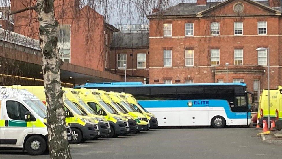 A bus and tent set up as an emergency treatment area outside Leicester Royal Infirmary