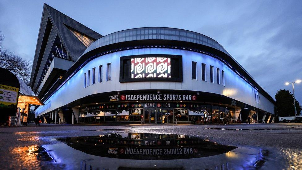 The exterior of Ashton Gate Stadium illuminated before a Bristol Bears game