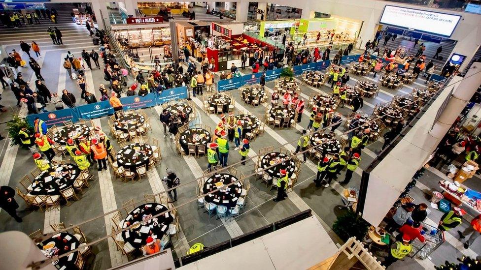 Tables on the concourse on Christmas Eve 2019