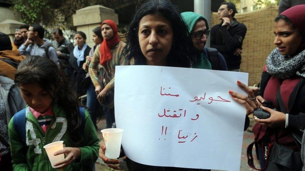 Activist at memorial gathering for Giulio Regeni in Cairo