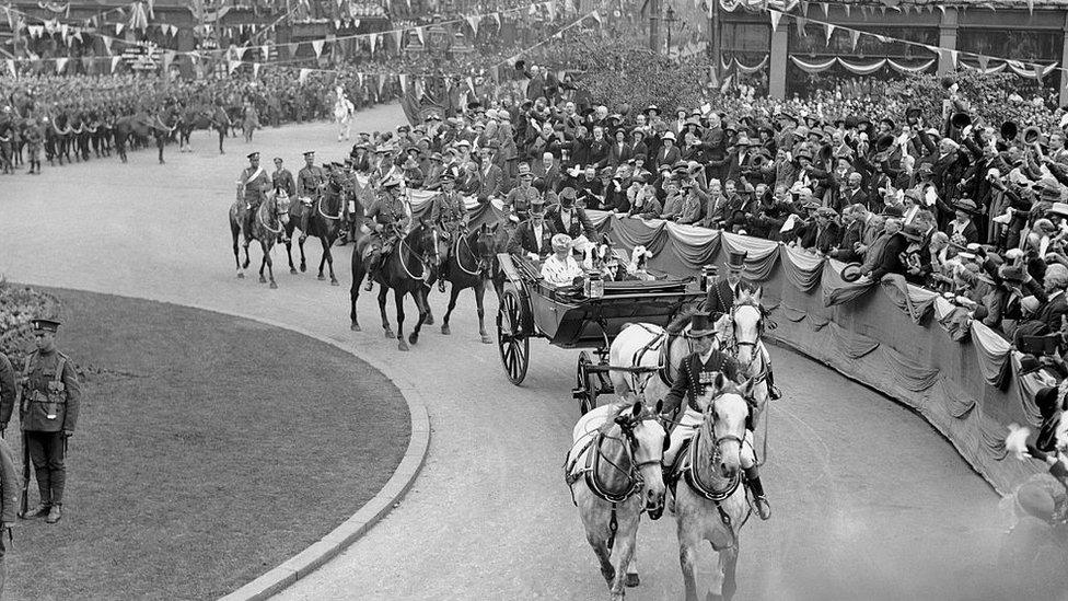 King George V and Queen Mary arrive for the opening of the parliament of Northern Ireland in June 1921