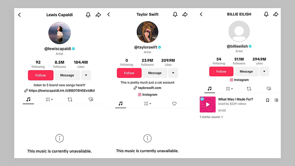 Screenshots of the accounts of Lewis Capaldi, Taylor Swift and Billie Eilish