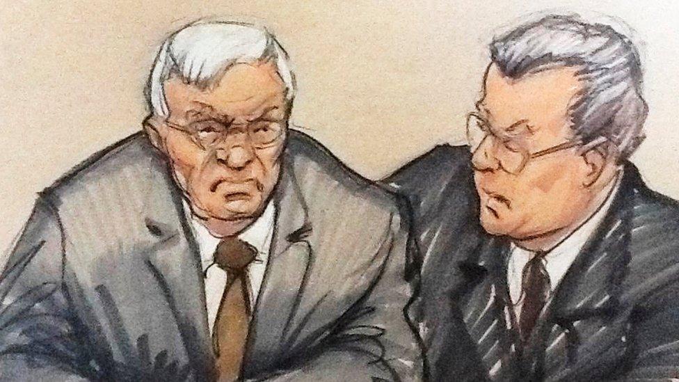 Courtroom sketch of Mr Hastert and his attorney