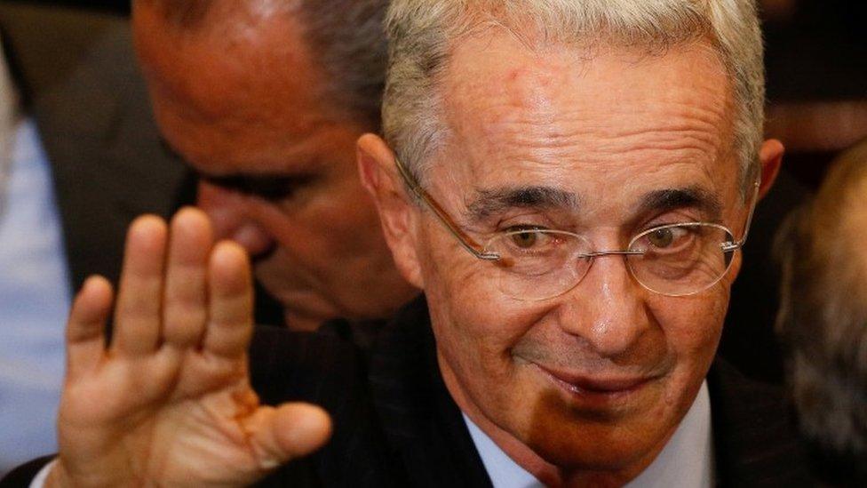 Colombia"s former presidentAlvaro Uribe waves before the swearing in ceremony of the new congress, Bogota, Colombia, July 20, 2018