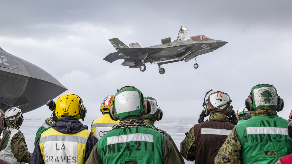 An F35b jet captured from the flight deck of an aircraft carrier