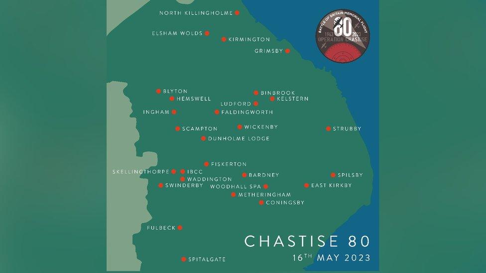 A map showing the location of 28 former Bomber Command airfields in Lincolnshire