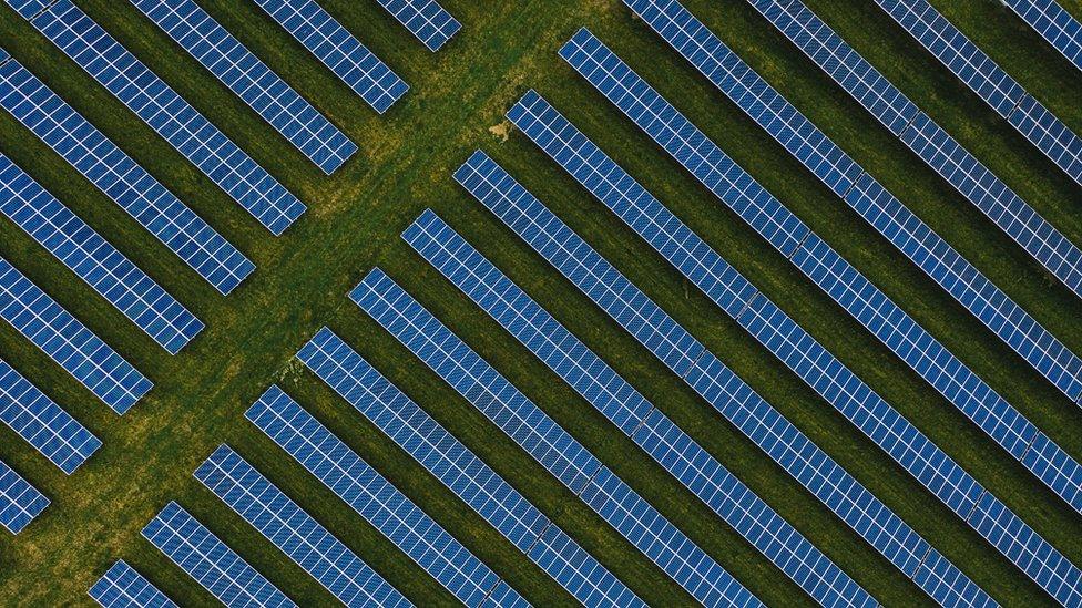 Library image of a solar farm, pictured from above