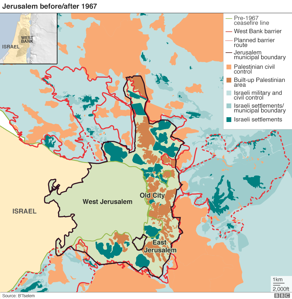 Map of Jerusalem before and after 1967