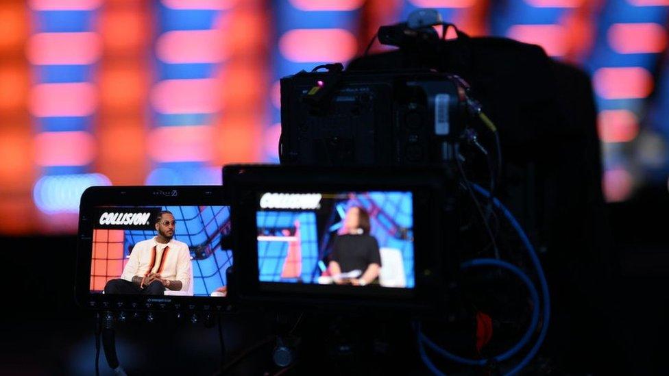 Carmelo Anthony, NBA All-Star & Entrepreneur, viewed on the back on a tv camera screen on Centre Stage during day two of Collision 2022 at Enercare Centre in Toronto, Canada