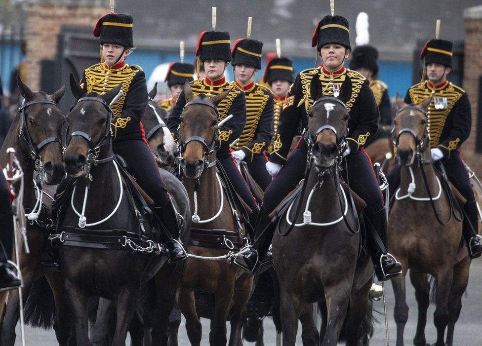 The Kings Troop Royal Horse Artillery prepare for the gun salute at the Parade Ground, Woolwich Barracks, London. 10 April 2020.