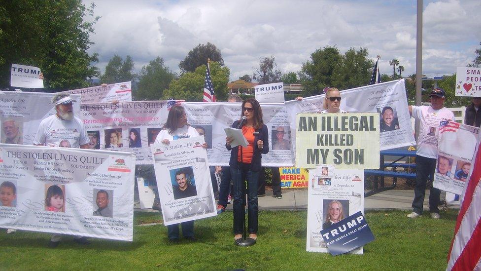 Maria Espinoza, national director of the Remembrance Project, addresses a rally in support of Donald Trump in Temecula, California