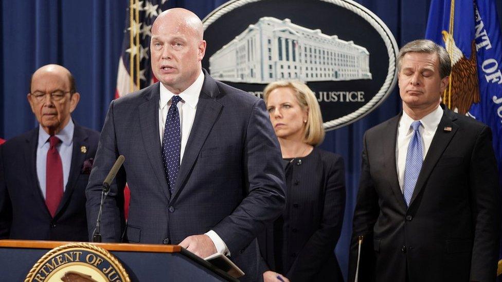 Acting US Attorney General Matthew Whitaker, Commerce Secretary Wilbur Ross (L), Homeland Security Secretary Kirstjen Nielsen and FBI Director Christopher Wray