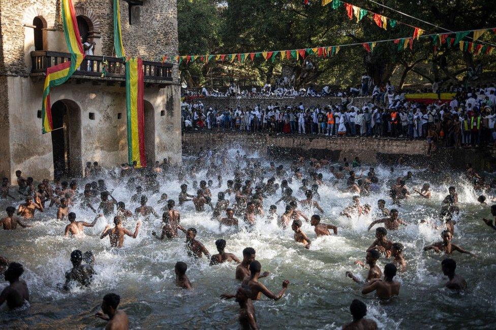 Ethiopian Orthodox worshippers bathe during the celebration of Timkat, the Ethiopian Orthodox Epiphany, in Gondar.