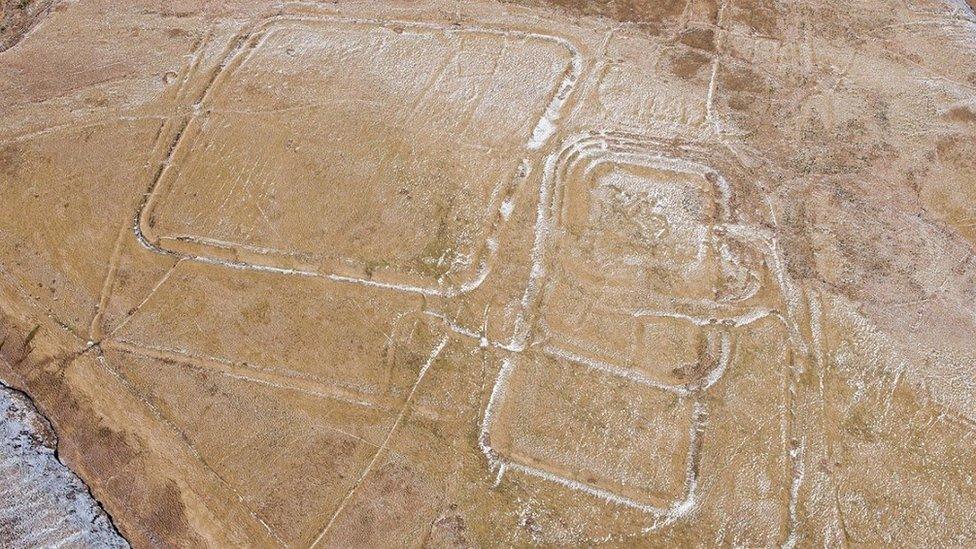 Aerial view of markings of Roman fort