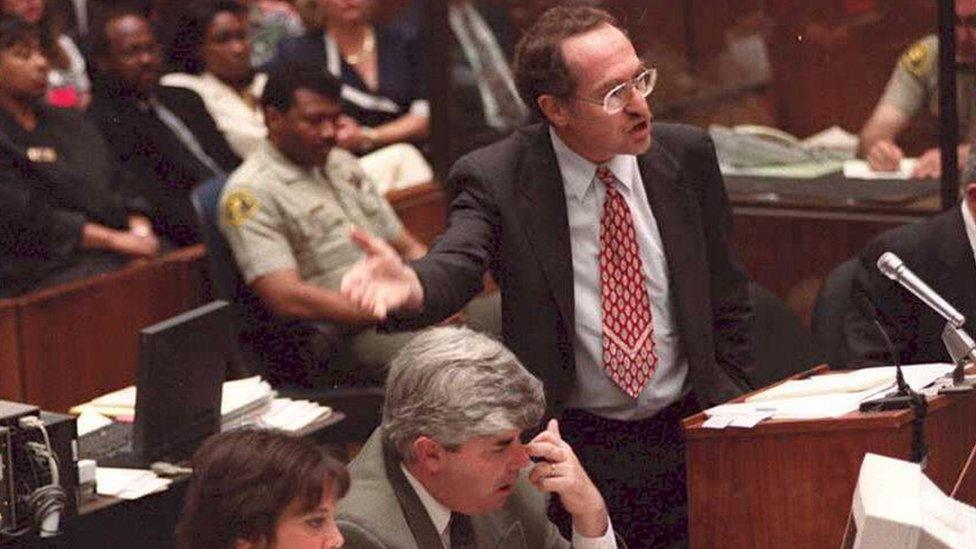 Alan Dershowitz gesturing during the OJ trial in 1995