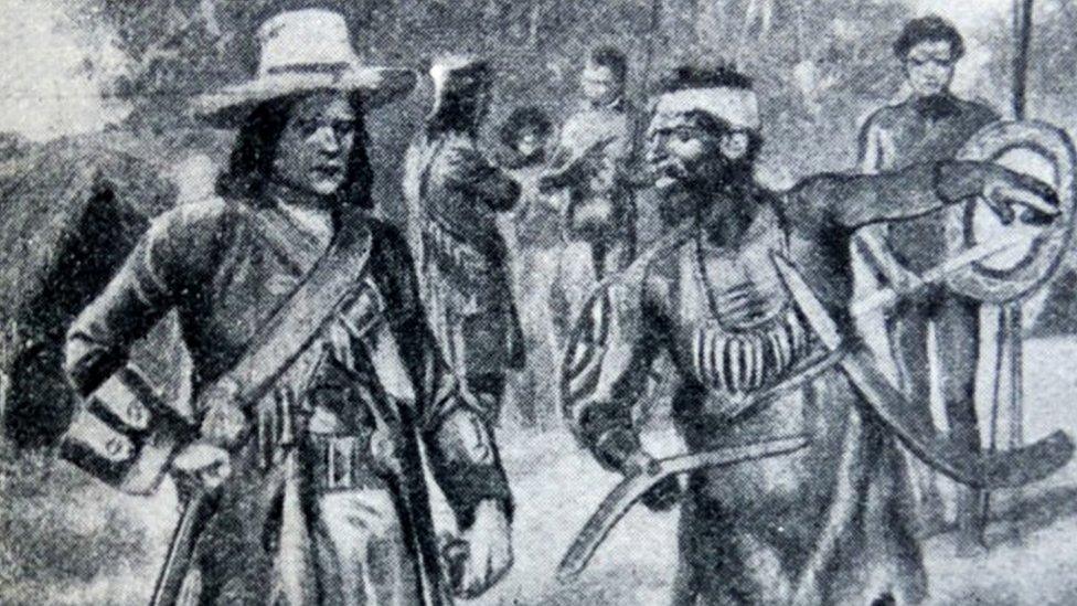 William Dampier shown interacting with an Aboriginal man in historic image