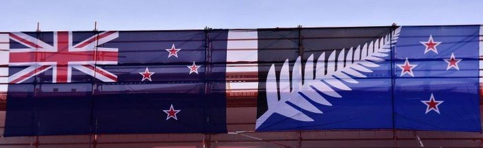 New Zealand's existing flag and the Silver Fern on display in Wellington