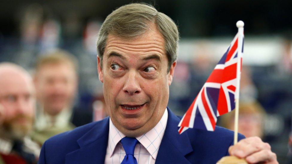 MEP Nigel Farage holding a Union Jack in the European parliament