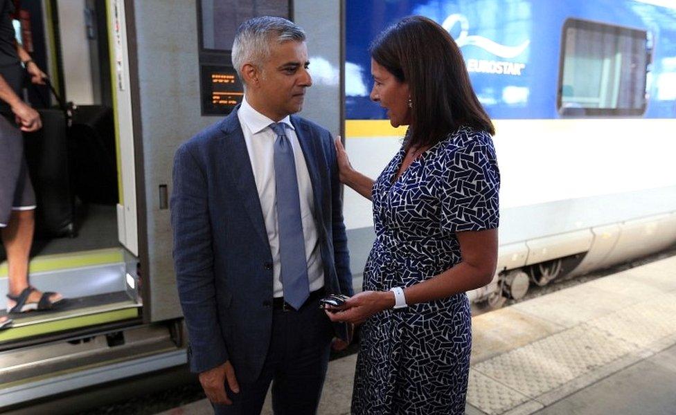 Mayor of London Sadiq Khan is greeted by Mayor of Paris Anne Hidalgo at Gare du Nord in Paris