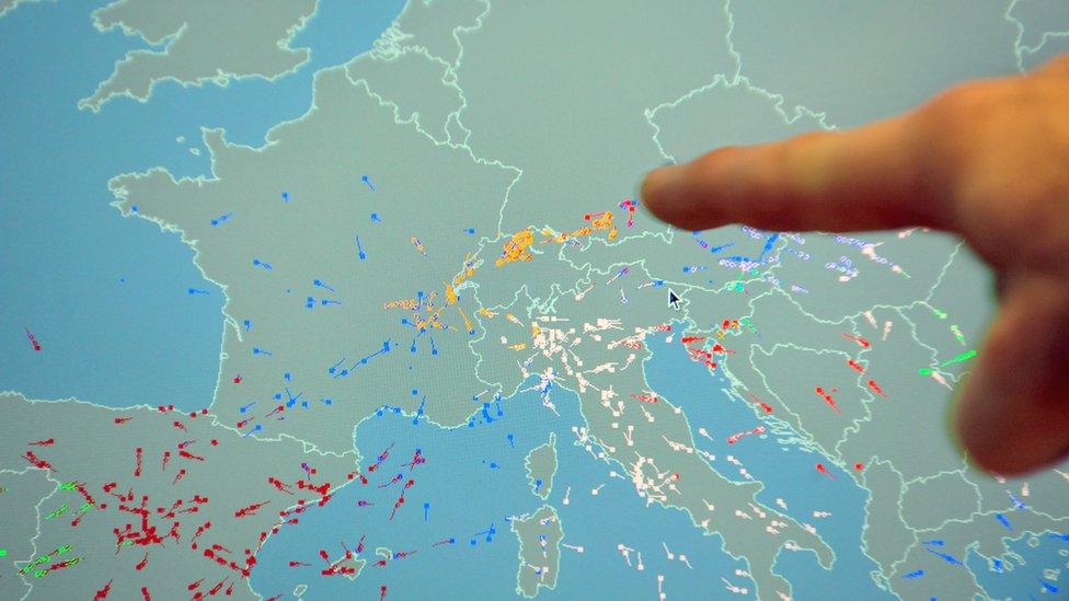 File photo from 2010 of the Eurocontrol system showing flight paths