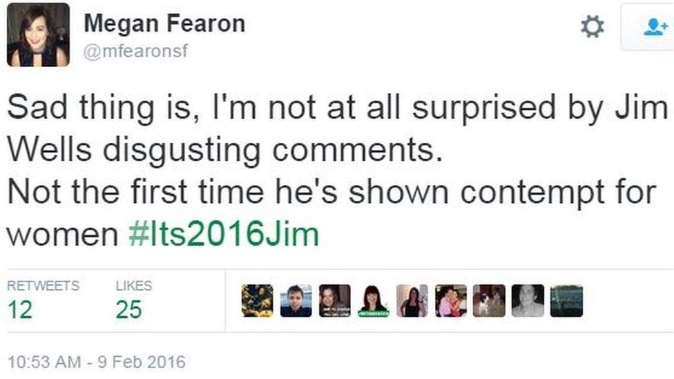 Sinn Féin MLA Megan Fearon made remarks on social media about Jim Wells on Tuesday