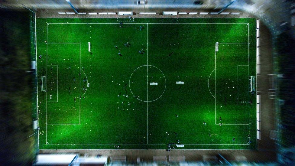 Soccer field at night - aerial view