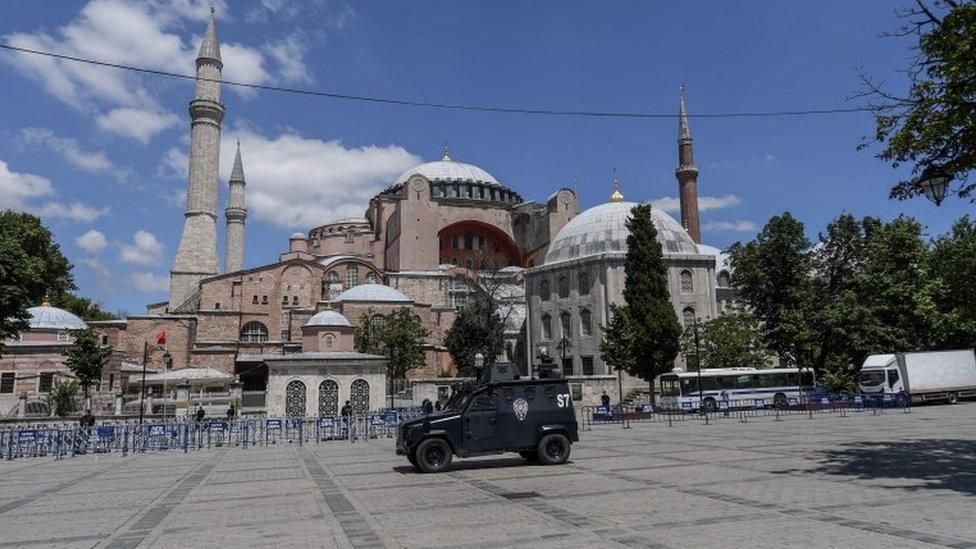 Police patrol outside the Hagia Sophia in Istanbul, 11 July 2020