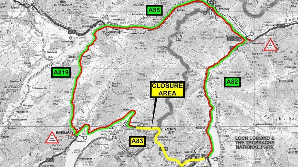 Map showing route closure