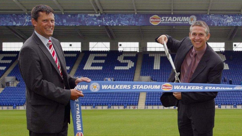 Walkers President Martin Glenn and Gary Lineker at the opening of the Walkers Stadium in Leicester in 2002