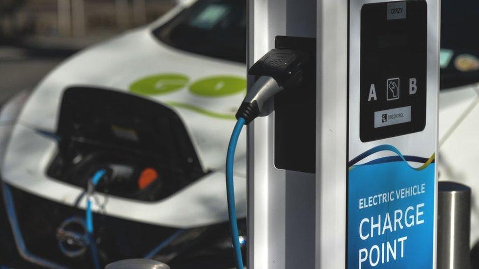 An electric car plugged into a public charge point