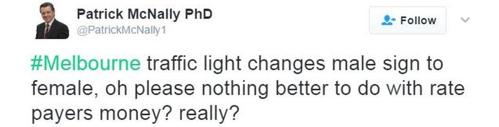 A tweet reads: "#Melbourne traffic light changes male sign to female, oh please nothing better to do with rate payers' money? Really?"