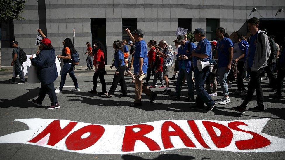 Protesters march during a May Day demonstration outside of a US Immigration and Customs Enforcement (ICE) in San Francisco