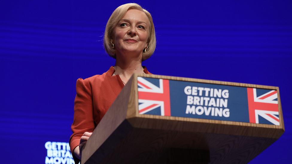 Liz Truss delivering a speech at the Tory Party Conference in Birmingham on Wednesday