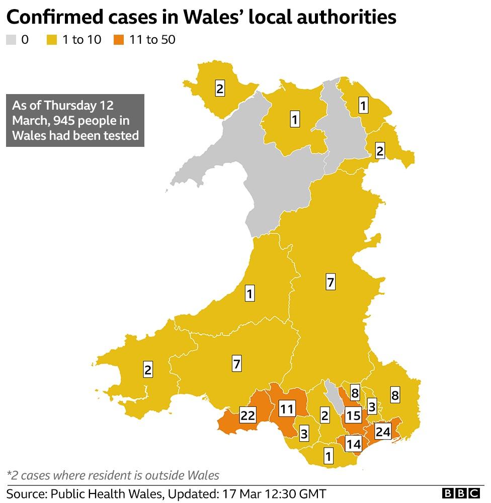 Map of positive coronavirus tests in Wales